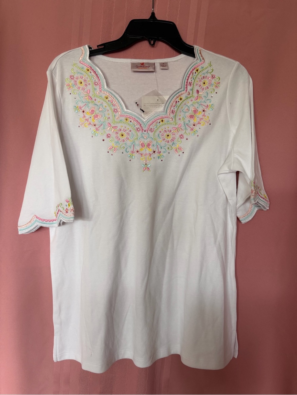 Quacker Factory White Top with Pastel Embroidered Floral Accents